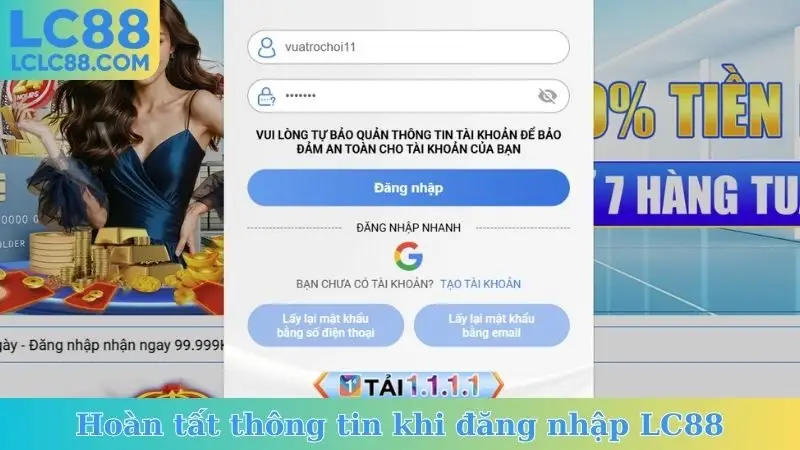 Hoàn tất thông tin khi đăng nhập LC88